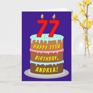 77th Birthday: Fun Cake and Candles + Custom Name Card