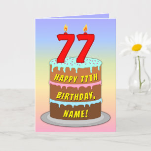 77th Birthday — Fun Cake & Candles, w/ Custom Name Card