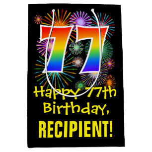 77th Birthday: Fun Fireworks Pattern + Rainbow 77 Medium Gift Bag