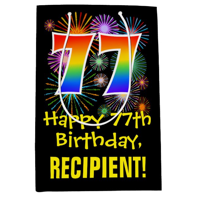77th Birthday: Fun Fireworks Pattern + Rainbow 77 Medium Gift Bag (Front)