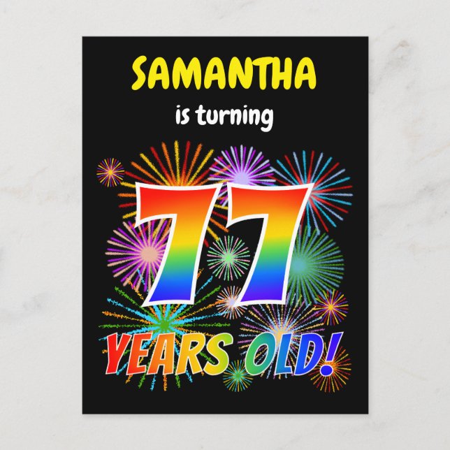 77th Birthday - Fun Fireworks, Rainbow Look "77" Postcard (Front)