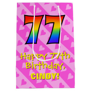 77th Birthday: Fun Pink Hearts Stripes; Rainbow 77 Medium Gift Bag