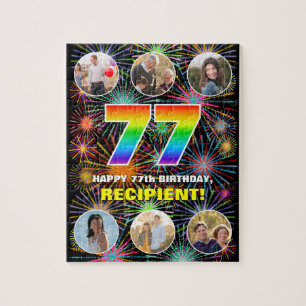 77th Birthday: Fun Rainbow #, Custom Name + Photos Jigsaw Puzzle