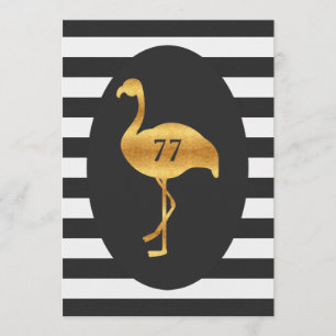77th Birthday Gold Flamingo Black White Stripes Invitation