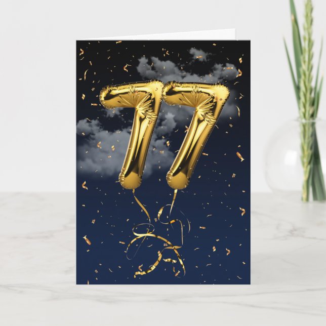 77th Birthday Gold Mylar Balloon and Confetti Card (Front)