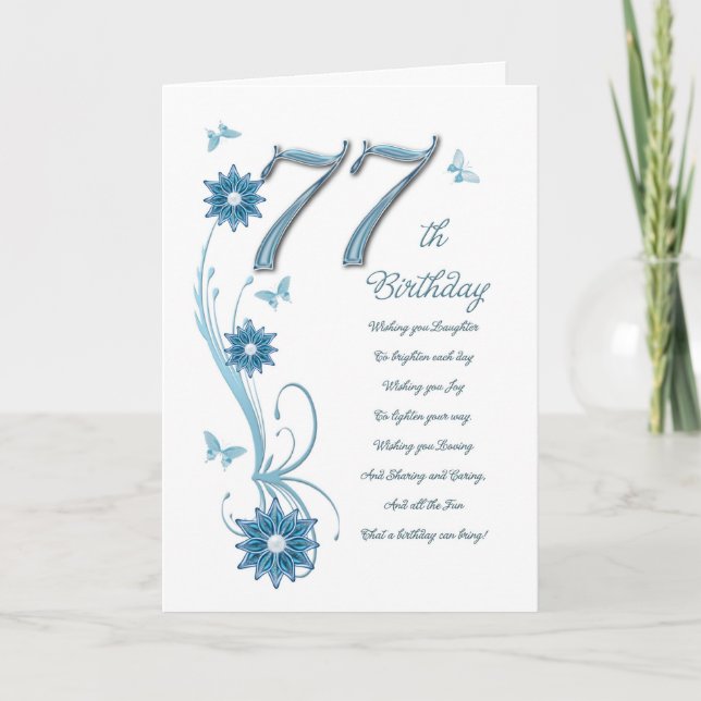 77th birthday in teal with flowers and butterfly card (Front)