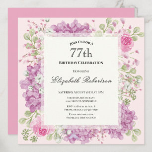 77th Birthday Invitation Elegant Pink Flowers