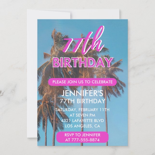77th birthday invitation Summer Pink Palm tree (Front)