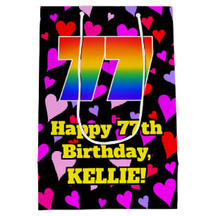 77th Birthday: Loving Hearts Pattern, Rainbow # 77 Medium Gift Bag