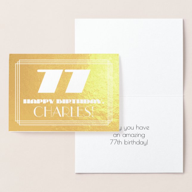 77th Birthday: Name + Art Deco Inspired Look "77" Foil Card (Display)