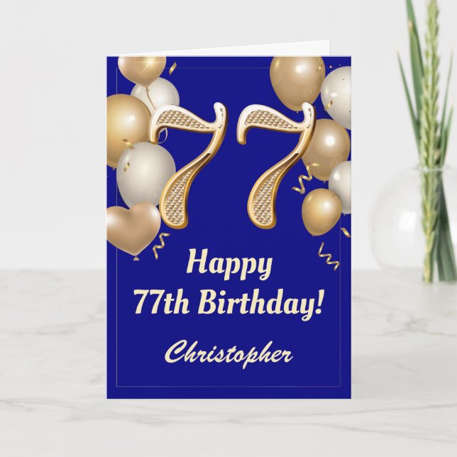 77th Birthday Navy Blue and Gold Balloons Confetti Card (Front)