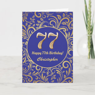 77th Birthday Navy Blue and Gold Floral Pattern Card