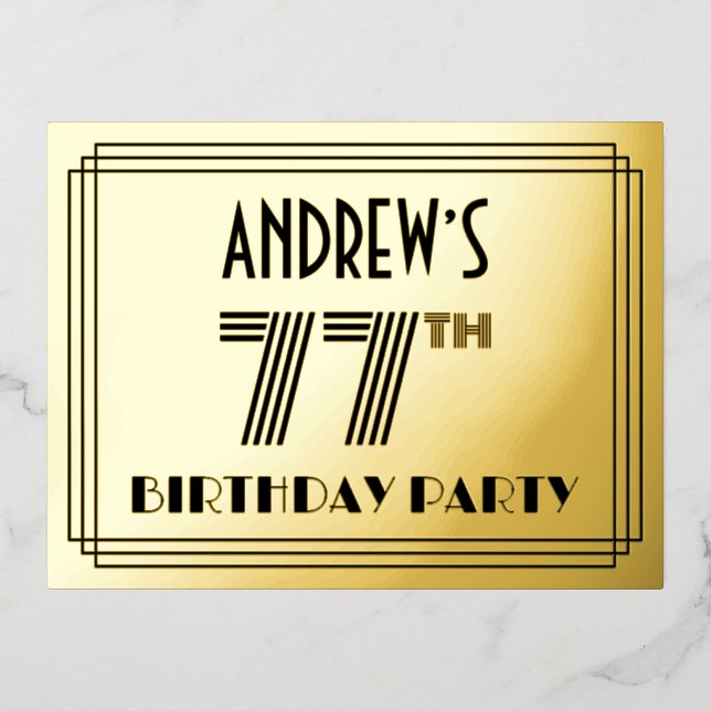77th Birthday Party ~ Art Deco Style “77” + Name Foil Invitation Postcard (Front)