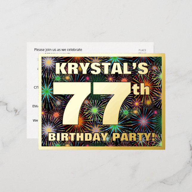 77th Birthday Party: Bold, Colourful Fireworks Loo Foil Invitation Postcard (Front/Back)