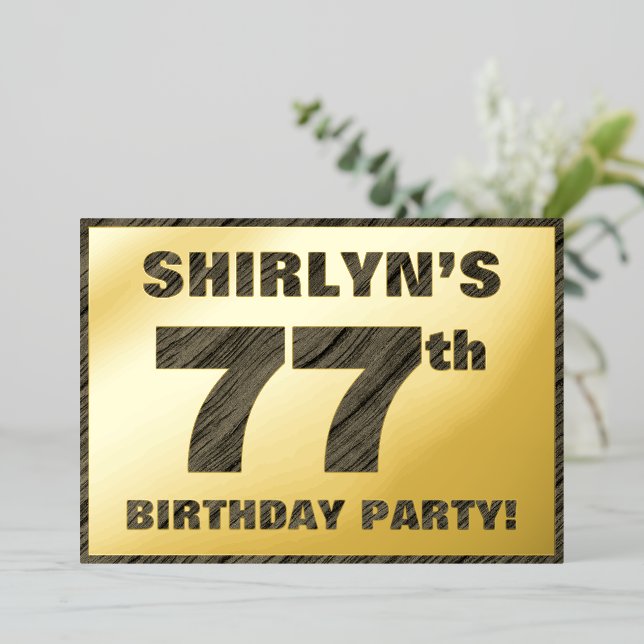 77th Birthday Party — Bold, Faux Wood Grain Text (Standing Front)