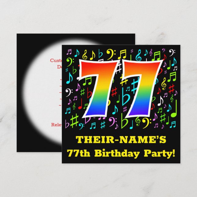 77th Birthday Party: Fun Music Symbols, Rainbow 77 Invitation (Front/Back)