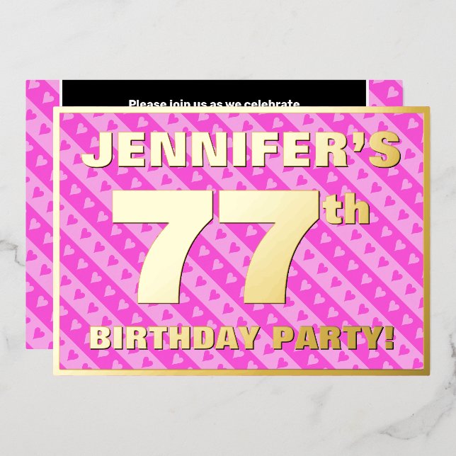 77th Birthday Party — Fun Pink Hearts and Stripes (Front/Back)