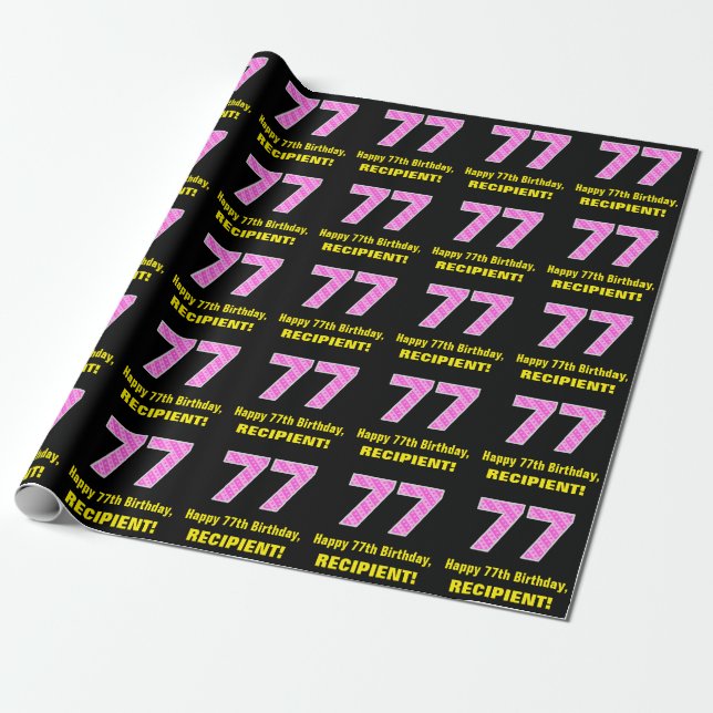 77th Birthday: Pink Stripes and Hearts "77" + Name Wrapping Paper (Unrolled)