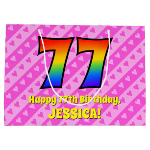 77th Birthday: Pink Stripes & Hearts, Rainbow # 77 Large Gift Bag