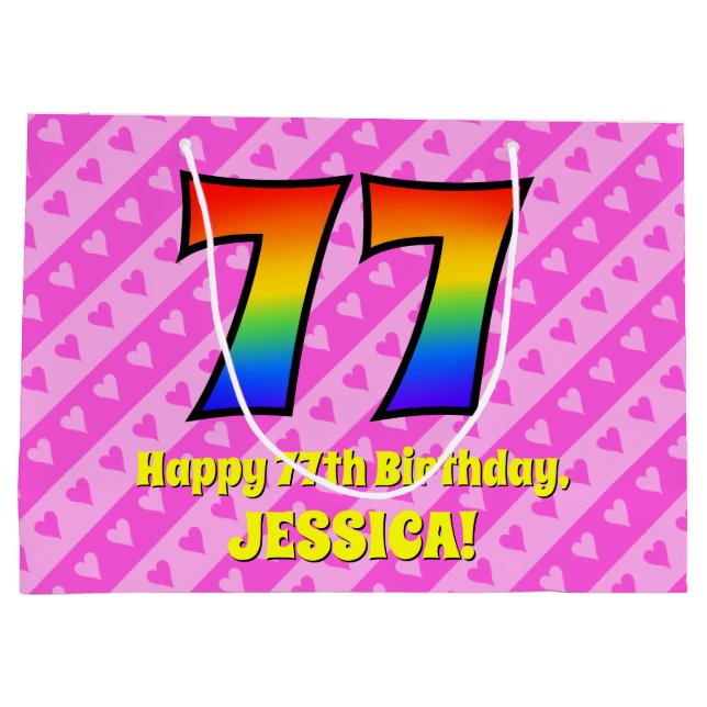 77th Birthday: Pink Stripes & Hearts, Rainbow # 77 Large Gift Bag (Back)