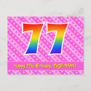 77th Birthday: Pink Stripes & Hearts, Rainbow 77 Postcard