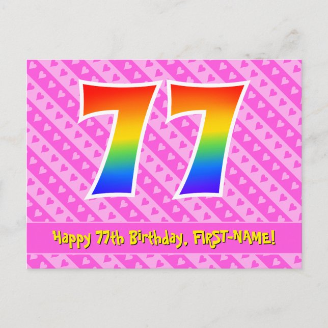 77th Birthday: Pink Stripes & Hearts, Rainbow 77 Postcard (Front)