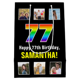 77th Birthday: Rainbow “77“, Custom Photos & Name Medium Gift Bag