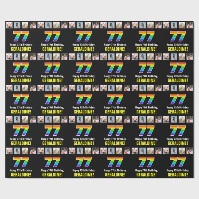 77th Birthday: Rainbow “77“; Custom Photos & Name Wrapping Paper (Seam)