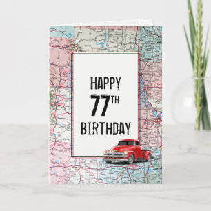 77th Birthday Red Retro Truck on Map   Card