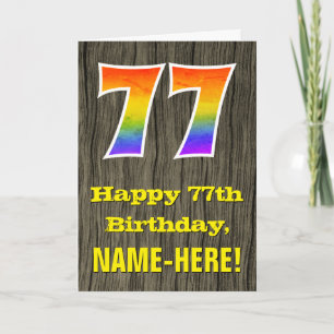 77th Birthday: Rustic Faux Wood Look, Rainbow "77" Card