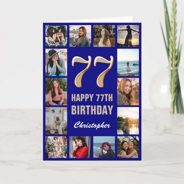 77th Happy Birthday Navy Blue & Gold Photo Collage Card (Front)