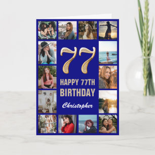 77th Happy Birthday Navy Blue & Gold Photo Collage Card