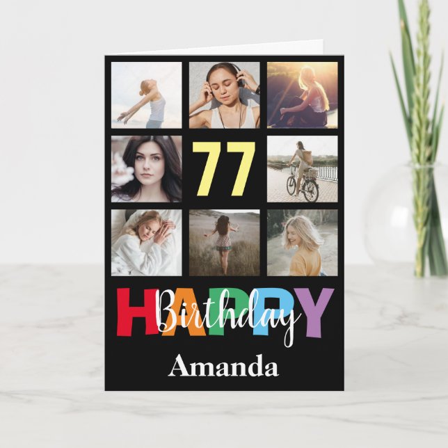 77th Happy Birthday Photo Collage Modern Black Card (Front)