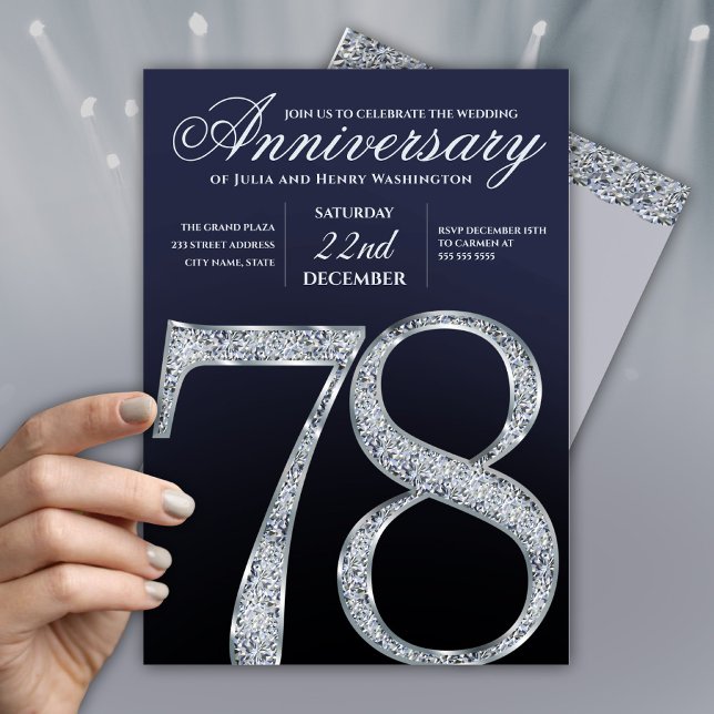78th Anniversary Diamond Silver Navy Blue Modern Invitation (Creator Uploaded)