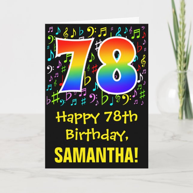 78th Birthday: Colorful Music Symbols + Rainbow 78 Card (Front)