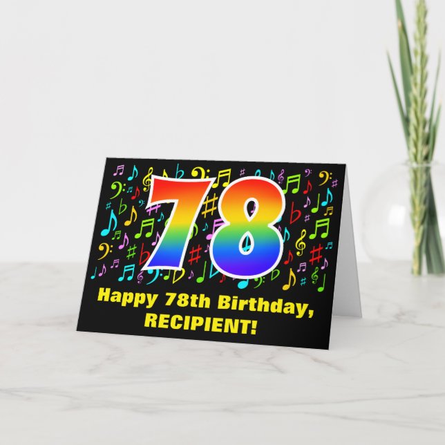 78th Birthday: Colorful Music Symbols & Rainbow 78 Card (Front)