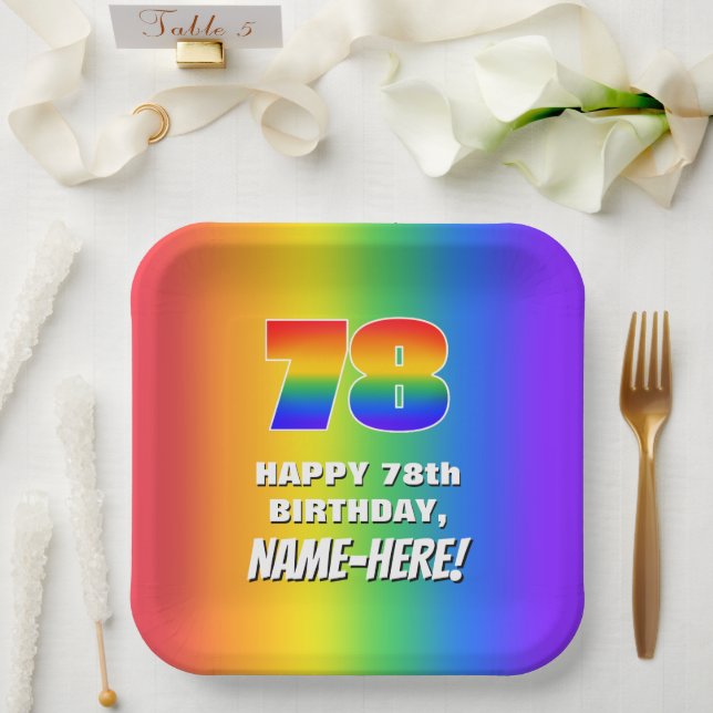 78th Birthday: Colourful, Fun Rainbow Pattern # 78 Paper Plate (Wedding)