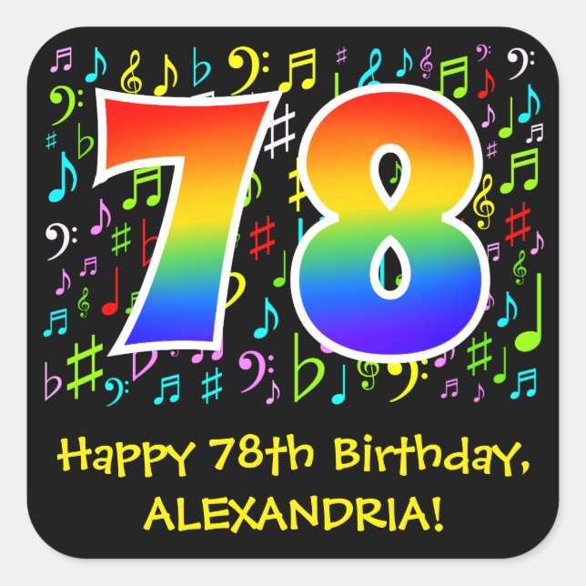 78th Birthday: Colourful Music Symbols, Rainbow 78 Square Sticker (Front)