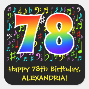 78th Birthday: Colourful Music Symbols, Rainbow 78 Square Sticker