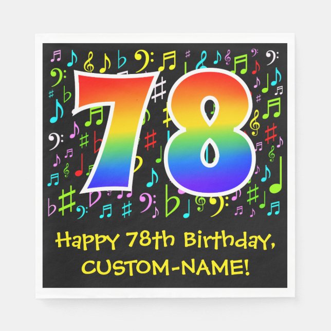 78th Birthday - Colourful Music Symbols, Rainbow 7 Napkin (Front)