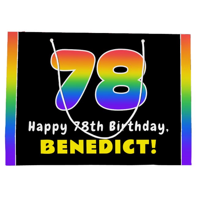 78th Birthday: Colourful Rainbow # 78, Custom Name Large Gift Bag (Back)