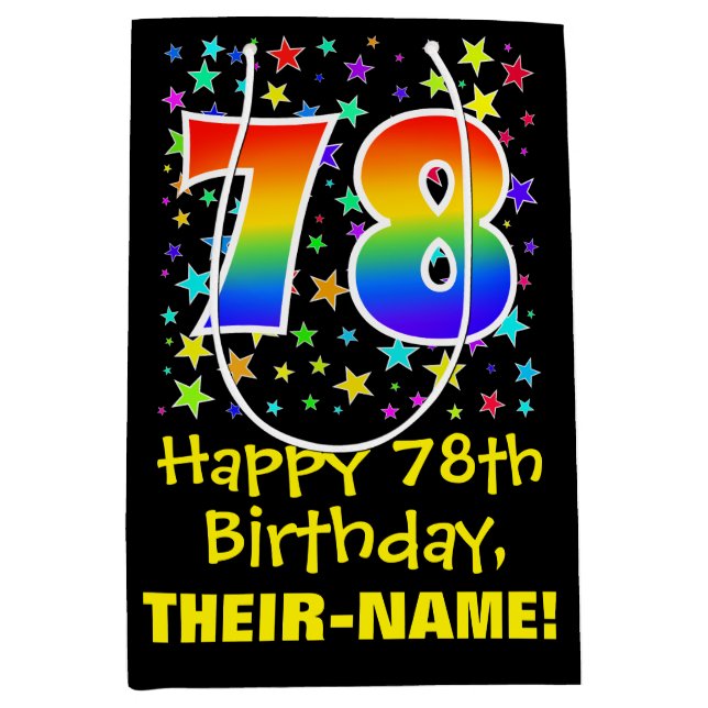 78th Birthday: Colourful Stars Pattern & Rainbow 7 Medium Gift Bag (Front)