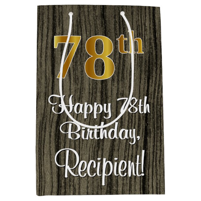 78th Birthday: Elegant Faux Gold Look #, Faux Wood Medium Gift Bag (Front)