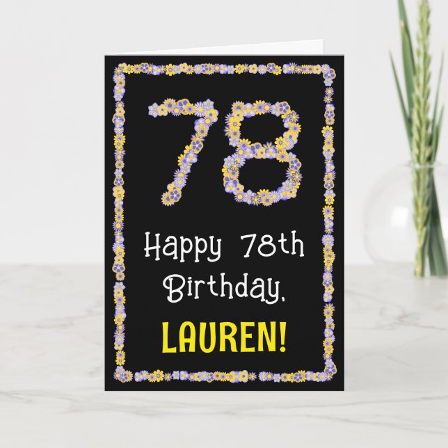 78th Birthday: Floral Flowers Number, Custom Name Card (Front)