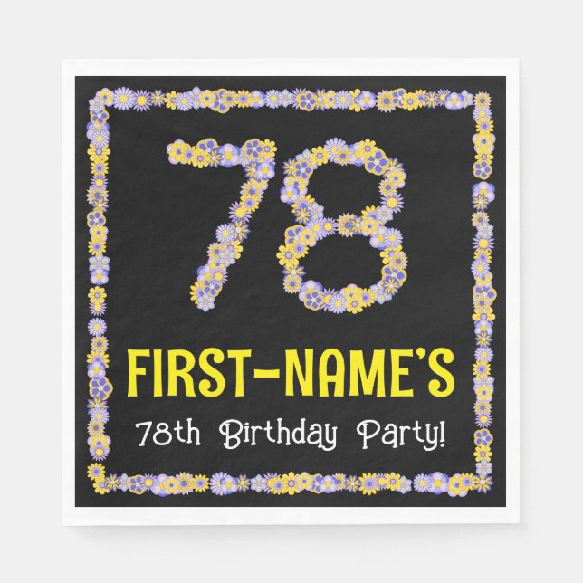 78th Birthday: Floral Flowers Number, Custom Name Napkin (Front)