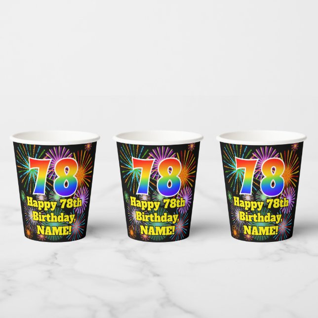 78th Birthday: Fun Fireworks Pattern + Rainbow 78 Paper Cups (Multi)