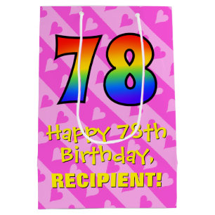 78th Birthday: Fun Pink Hearts Stripes; Rainbow 78 Medium Gift Bag