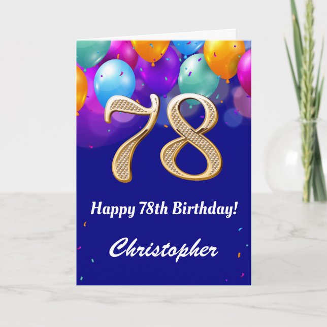78th Birthday Navy Blue and Gold Colourful Balloon Card (Front)