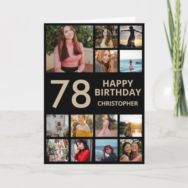 78th Birthday Photo Collage 13 Photos Black & Gold Card (Front)
