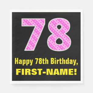 78th Birthday: Pink Stripes and Hearts "78" + Name Napkin